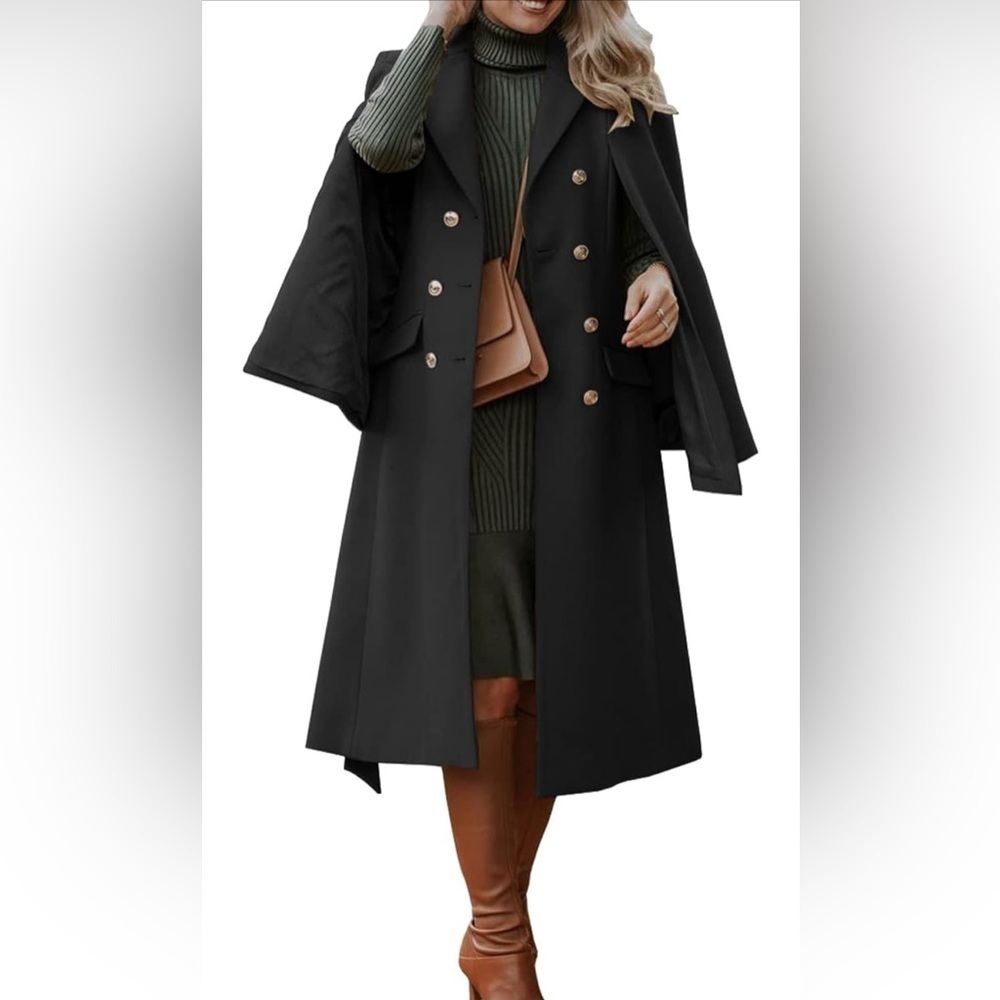 NEW-Womens Wool Blend Winter Long Pea Coat Notch Double Breasted with Laper Cape